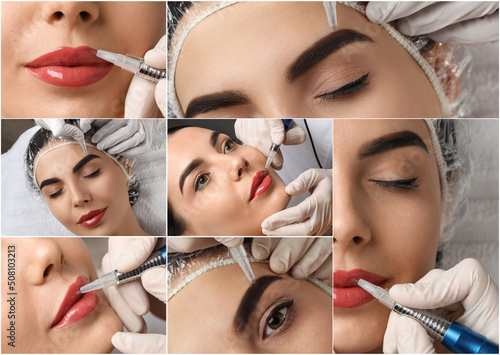 Collage with different photos of women undergoing permanent makeup procedures