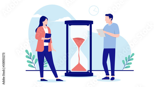 Business waiting - Two people with hour glass standing in patience watching as time goes by. Flat design vector illustration with white background