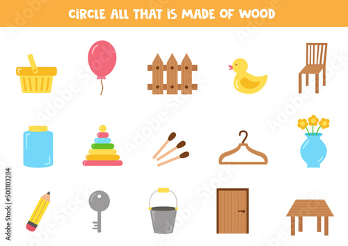 Find all wooden objects. Educational worksheet for children.