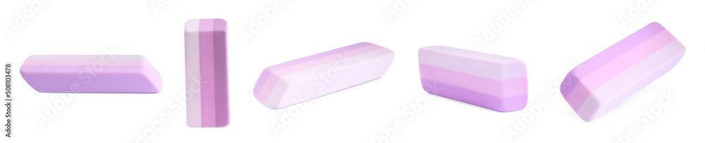 Collage of rubber erasers on white background. Banner design Collage of rubber erasers on white background. Banner design