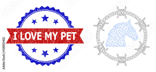 Net horse jail polygonal carcass illustration, and bicolor dirty I Love My Pet seal stamp. Red stamp seal has I Love My Pet caption inside ribbon and blue rosette.