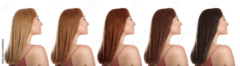 Collage with photos of beautiful young woman with different hair colors on white background. Banner design Collage with photos of beautiful young woman with different hair colors on white background. Banner design
