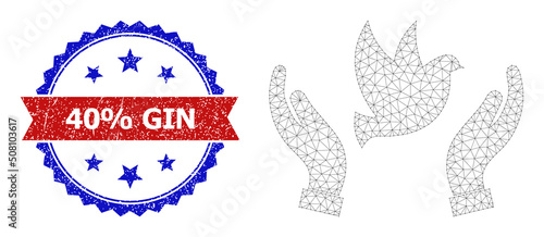 Mesh net dove care hands polygonal frame icon, and bicolor grunge 40% Gin seal stamp. Red stamp seal contains 40% Gin caption inside ribbon and blue rosette.