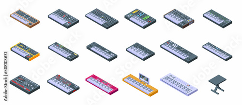 Synthesizer icons set isometric vector. Acoustic audio. Piano instrument