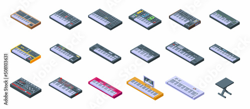 Synthesizer icons set isometric vector. Acoustic audio. Piano instrument photo