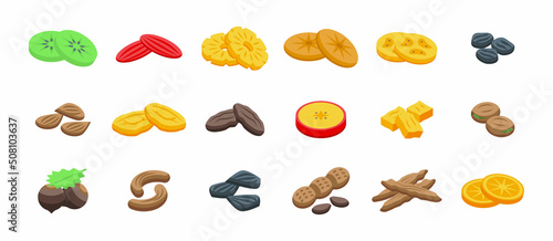 Fotografering Dried fruits icons set isometric vector. Apricot fig. Food raisin