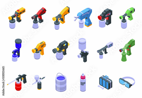 Paint sprayer icons set isometric vector. Wrap coating. Automotive spray