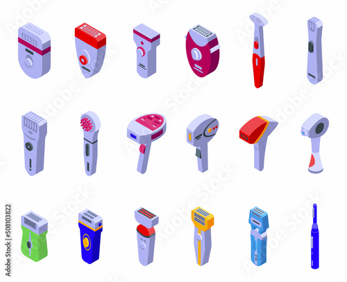 Epilator icons set isometric vector. Laser depilation. Skincare treatment