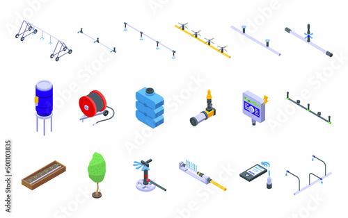 Irrigation system icons set isometric vector. Farming agriculture. Smart system