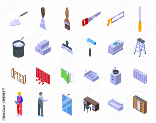 Remodeling icons set isometric vector. Interior carpet. Home decoration