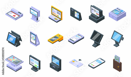 Touchscreen cash register icons set isometric vector. Self checkout. Machine service