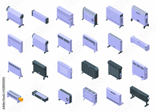Convector icons set isometric vector. Radiator bars. Central climate