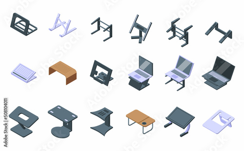 Laptop stand icons set isometric vector. Compute work. Office desk