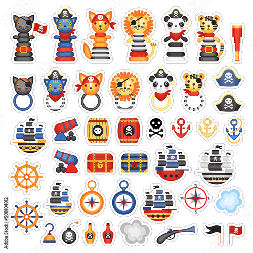 Set of vector cartoon stickers with toys on a pirate theme. Children's holiday, kids' party, stickers, games, baby shower.