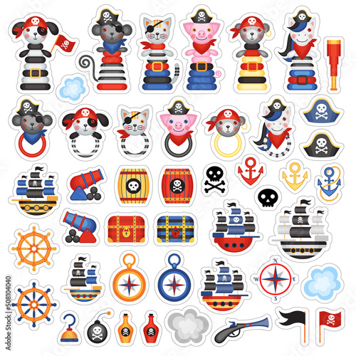 Set of vector cartoon stickers with toys on a pirate theme. Children's holiday, kids' party, stickers, games, baby shower.