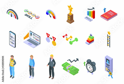 Skill level icons set isometric vector. Expert success. Start game