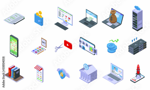 Making money online icons set isometric vector. Finance loan. Mobile management