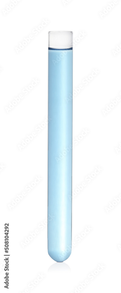 Test tube with light blue liquid isolated on white Test tube with light blue liquid isolated on white