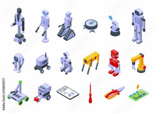 Robotics icons set isometric vector. Tech smart. Bot future