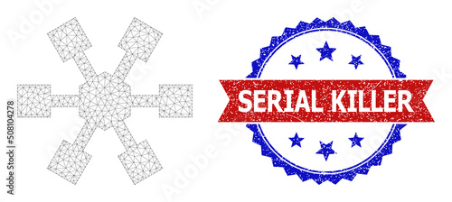 Net mesh node links polygonal model illustration, and bicolor scratched Serial Killer seal stamp. Red stamp seal includes Serial Killer caption inside ribbon and blue rosette.