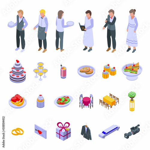 Wedding service icons set isometric vector. Party catering. Service banquet