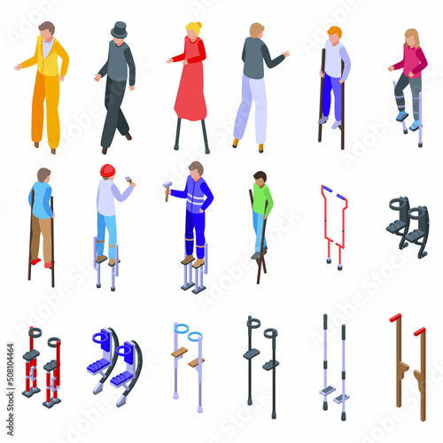 Stilt icons set isometric vector. Active children. Boy people
