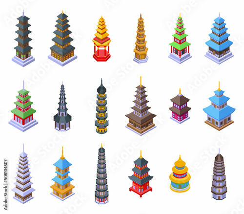 Pagoda icons set isometric vector. Asian temple. Roof japanese