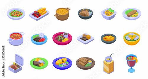 Caribbean cuisine icons set isometric vector. Chicken rice. Cooking cuisine