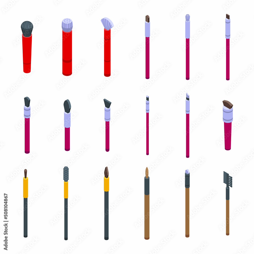 Makeup brush icons set isometric vector. Beauty makeup. Cosmetic brow Makeup brush icons set isometric vector. Beauty makeup. Cosmetic brow