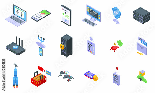 VPN icons set isometric vector. Protect shield. Network hacker