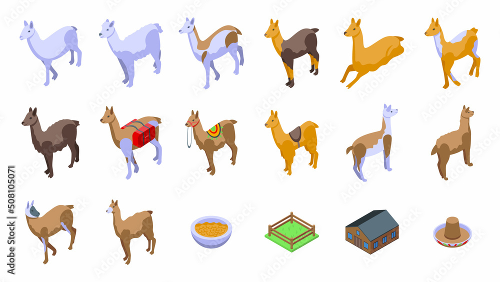Lama icons set isometric vector. Animal alpaca. Bolivia hoof - obrazy, fototapety, plakaty 