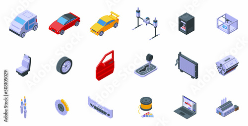 3D cars printing icons set isometric vector. Computer printer. Car auto