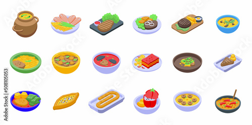 Balkan cuisine icons set isometric vector. Dinner food. Sauce menu