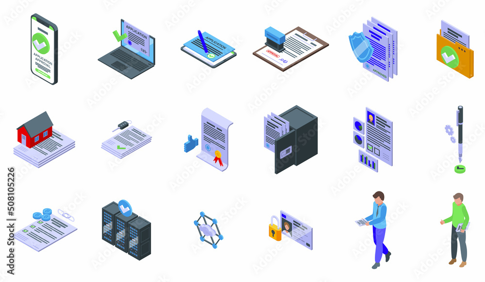 Application approval icons set isometric vector. File loan. Property approve Application approval icons set isometric vector. File loan. Property approve