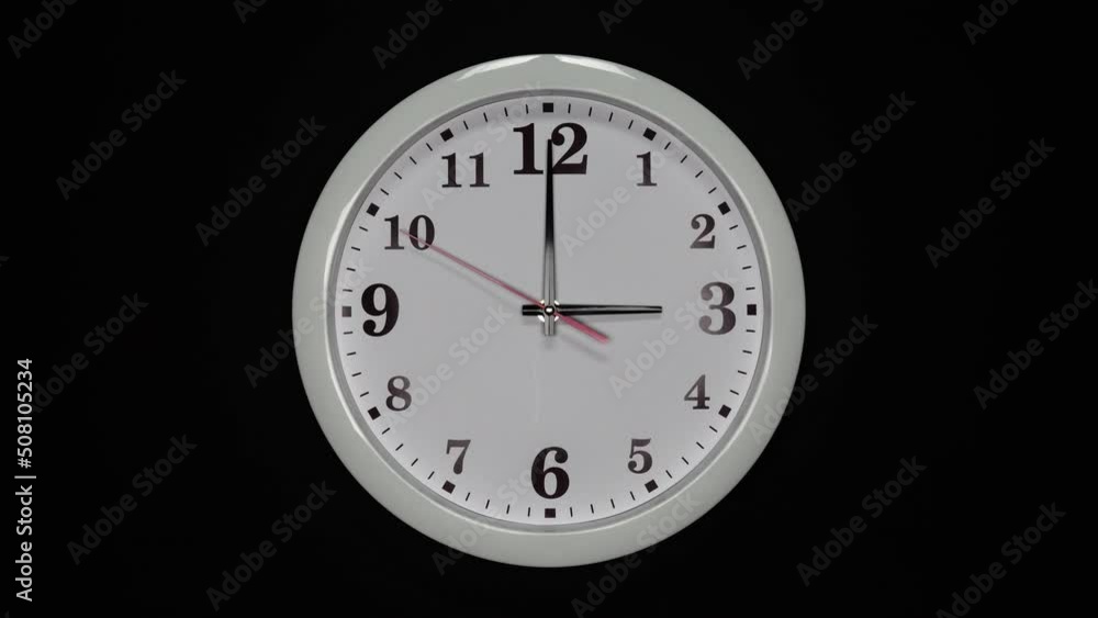 Black Arrows And Red Second Hand Of White Wall Clock. Black Background. Wall Clock Face Beginning Of Time Of 3.00 Am Or Pm. 4k. ProRes. Black Arrows And Red Second Hand Of White Wall Clock. Black Background. Wall Clock Face Beginning Of Time Of 3.00 Am Or Pm. 4k. ProRes.