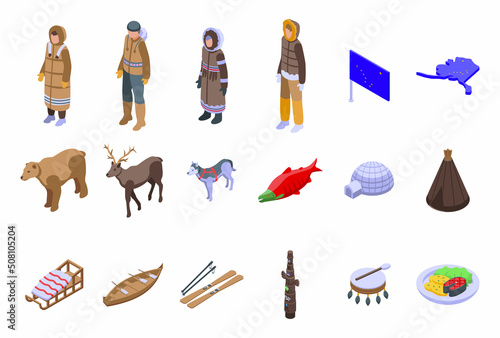 Alaska icons set isometric vector. Animal seal. Walrus igloo