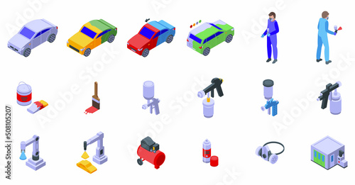 Car painting icons set isometric vector. Spray garage. Machine body