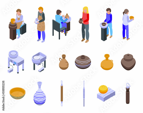 Pottery class icons set isometric vector. Artist craft. Bowl pot