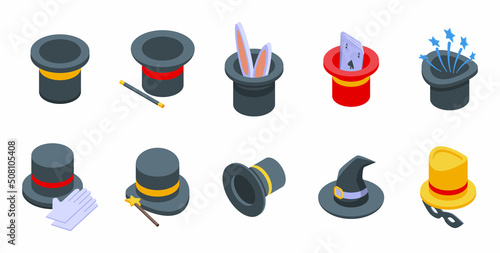 Magic hat icons set isometric vector. Magician rabbit. Bunny wizard