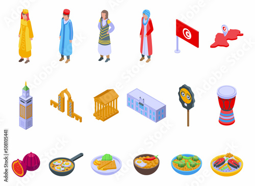 Tunisia icons set isometric vector. City country. Monument landmark