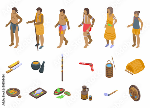 Aborigin icons set isometric vector. Cultural africa. Totem tribe