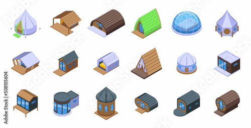 Glamping icons set isometric vector. Adventure tent. Camping forest