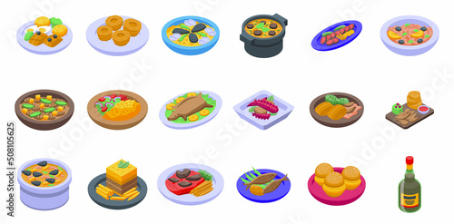 Portugese cuisine icons set isometric vector. Bowl cooking. Dish bread