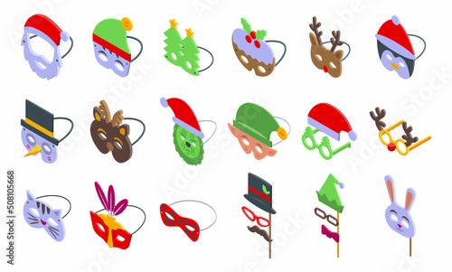 Christmas masks icons set isometric vector. Party photo. Winter glasses