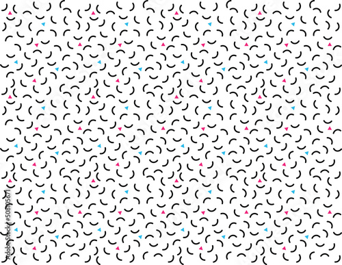 Memphis seamless pattern with arc geometric elements and triangles. Pattern, seamless trend background. Fashion trend 80-90s.