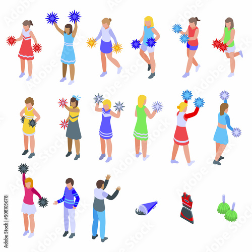 Cheerleaders icons set isometric vector. Dance woman. Young american