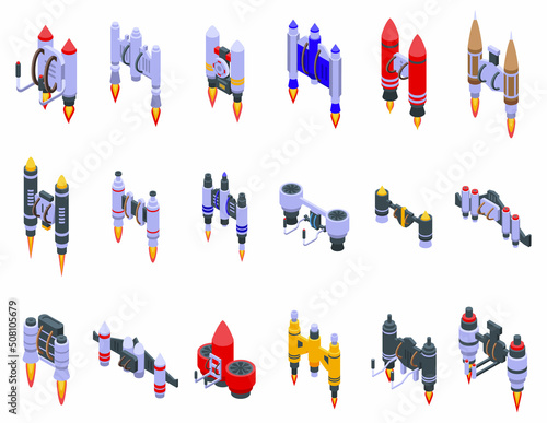 Jetpack icons set isometric vector. Rocket fly. School boy
