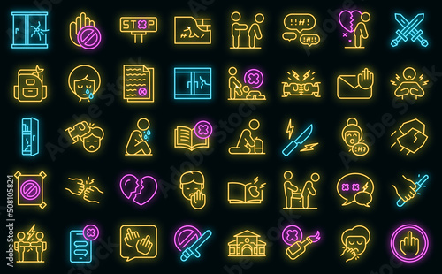 Violence at school icons set outline vector. Victim abuse. Family depresion vector neon