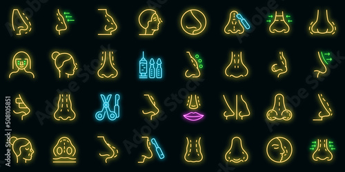 Rhinoplasty icons set outline vector. Human nose. Closed adjustment vector neon