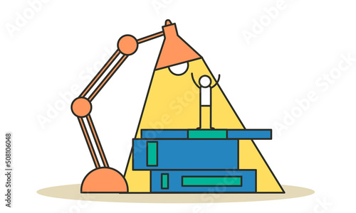 Study of man and homeschooled people at home learn subjects together. Online knowledge under a big lamp and books concept vector illustration